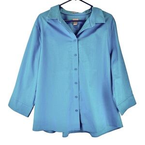 Chico's No Iron Cotton Twill Button-Up Shirt 3/4 Sleeve Collared Blue Sz 4 / 20